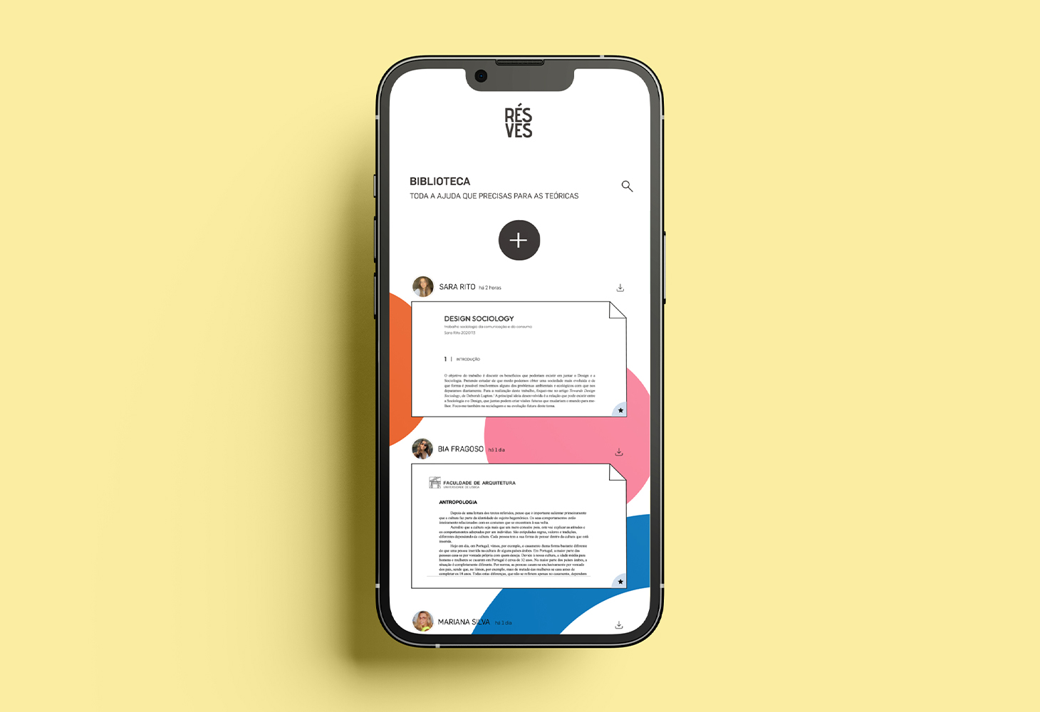 Resves mobile interface on yellow background